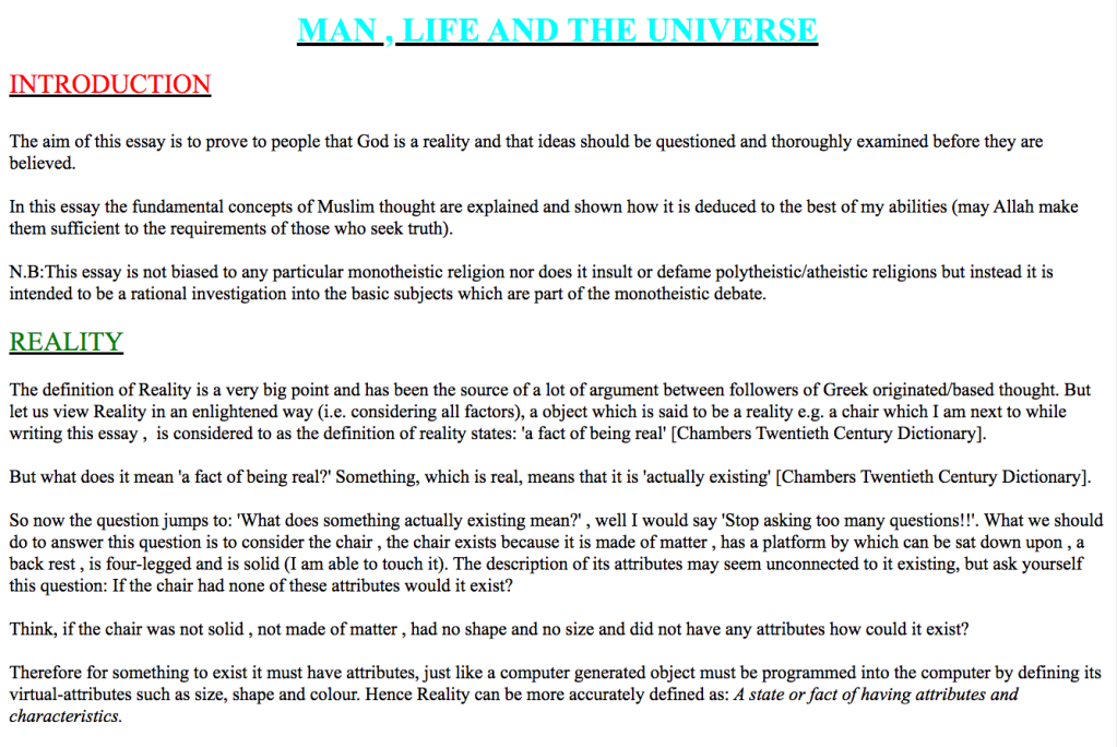 An essay on Tawheed (one of my early essays on rationality and the proof of God)